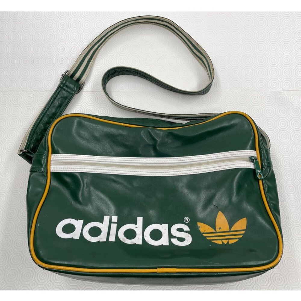 Vintage Adidas Trefoil Messenger Bag Green Yellow Airline Gym Crossbody Retro